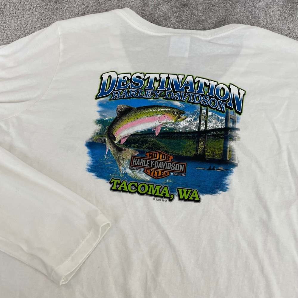 Harley Davidson T Shirt Womens Large Tacoma WA Long Sleeve V Neck Trout NWT